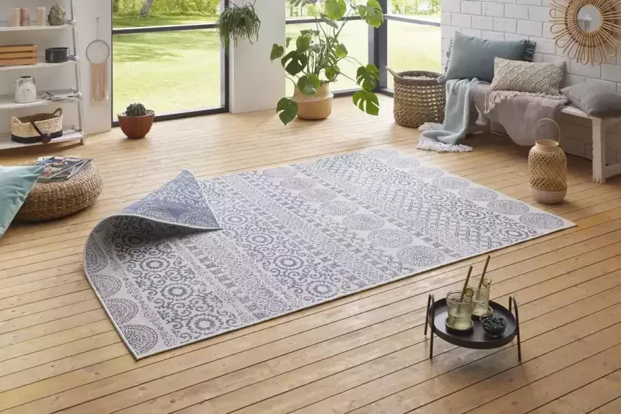 Tapeso Binnen & buiten Ornament vloerkleed blauw 80x150 cm