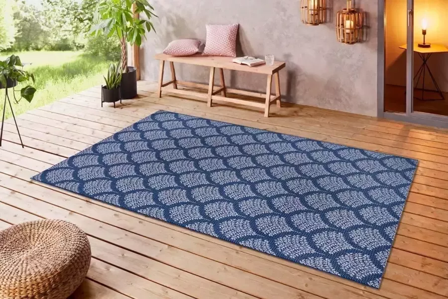 Tapeso Binnen & buiten vloerkleed Forest blauw crème 120x170 cm