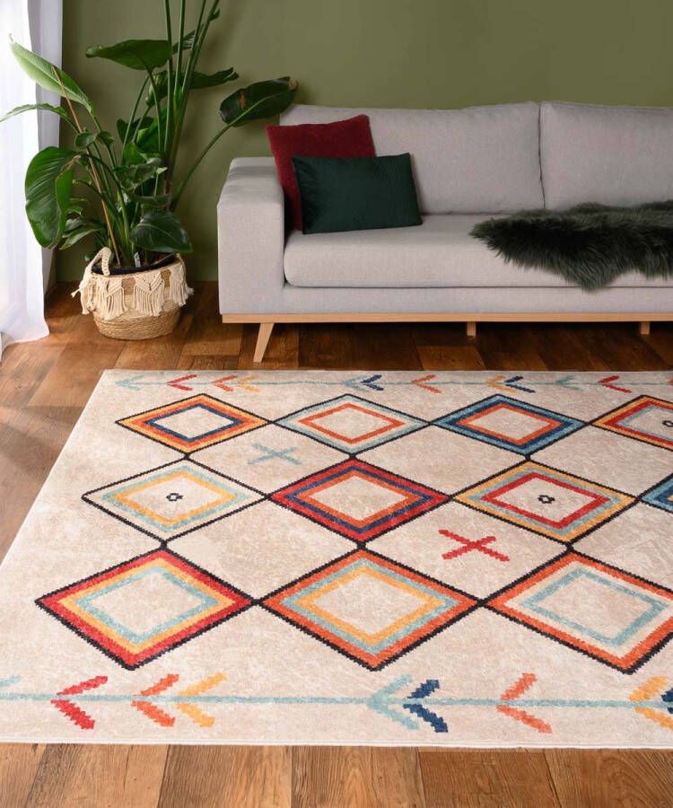 Tapeso Bohemian vloerkleed wasbaar Moderna crème multi 140x200 cm