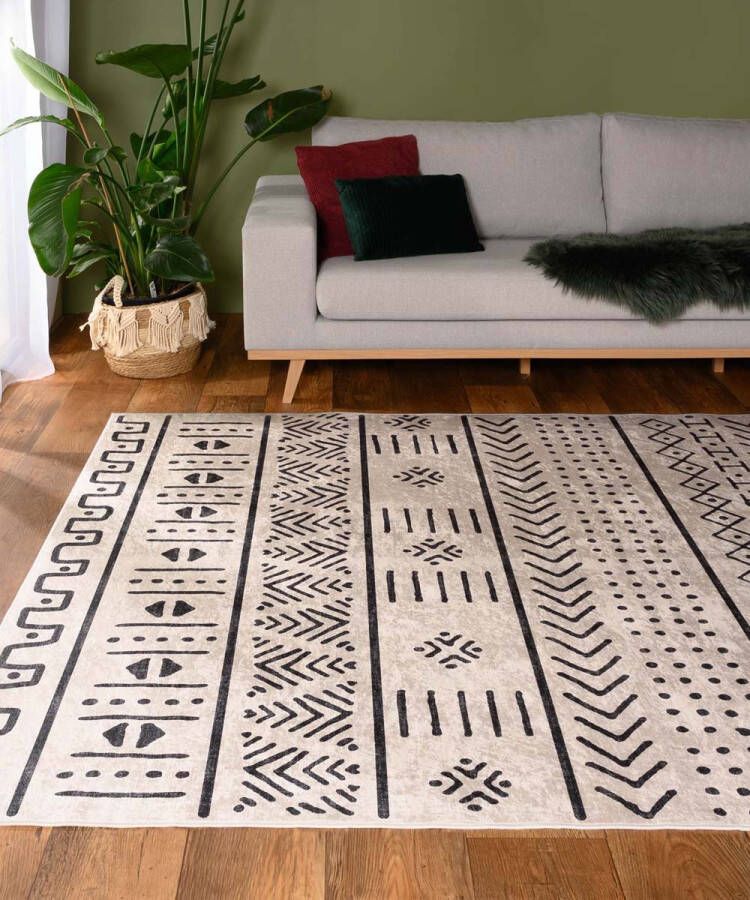 Tapeso Bohemian vloerkleed wasbaar Moderna wit zwart 140x200 cm