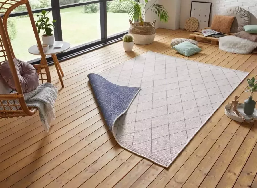 Tapeso Design binnen & buiten vloerkleed ruiten Daisy blauw crème 160x230 cm