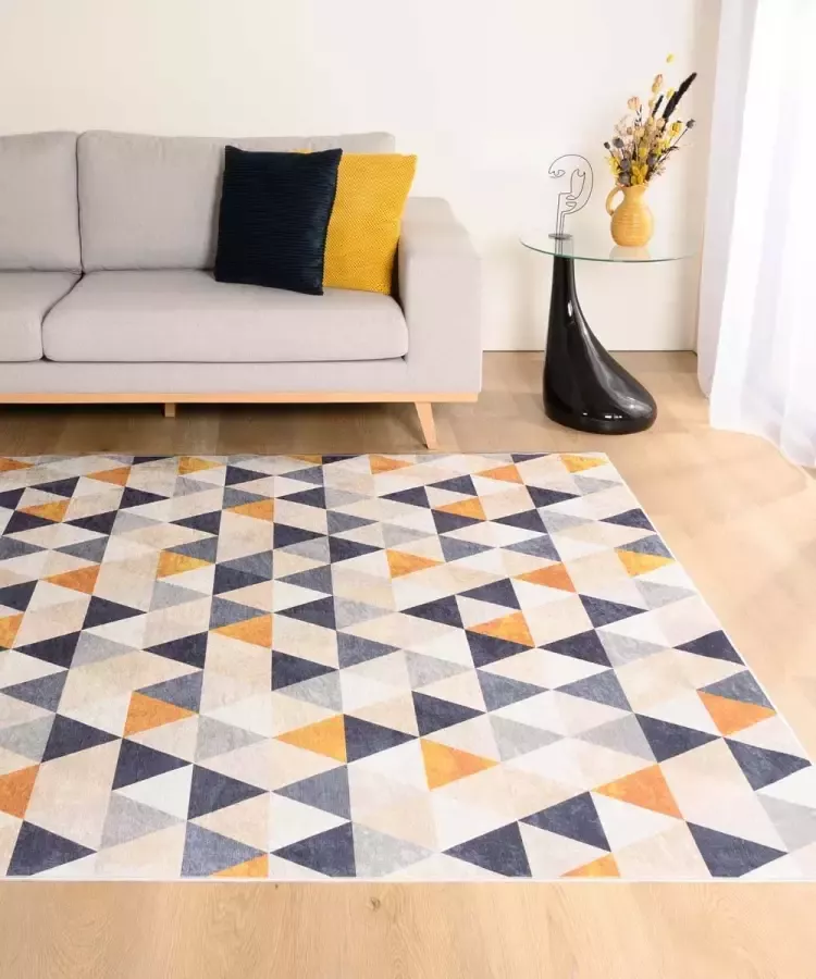 Tapeso Geometrisch vloerkleed wasbaar Moderna blauw geel 200x300 cm