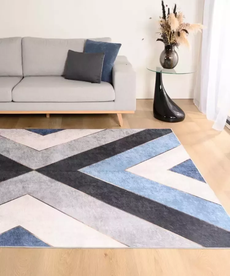 Tapeso Geometrisch vloerkleed wasbaar Moderna blauw grijs 200x300 cm
