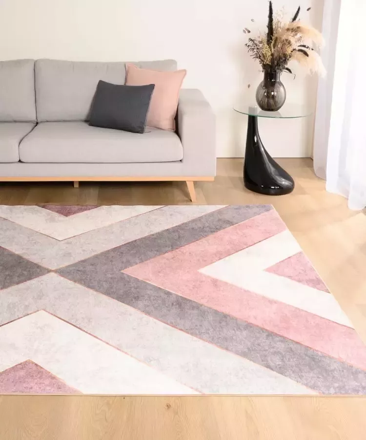 Tapeso Geometrisch vloerkleed wasbaar Moderna roze|grijs 80x150 cm