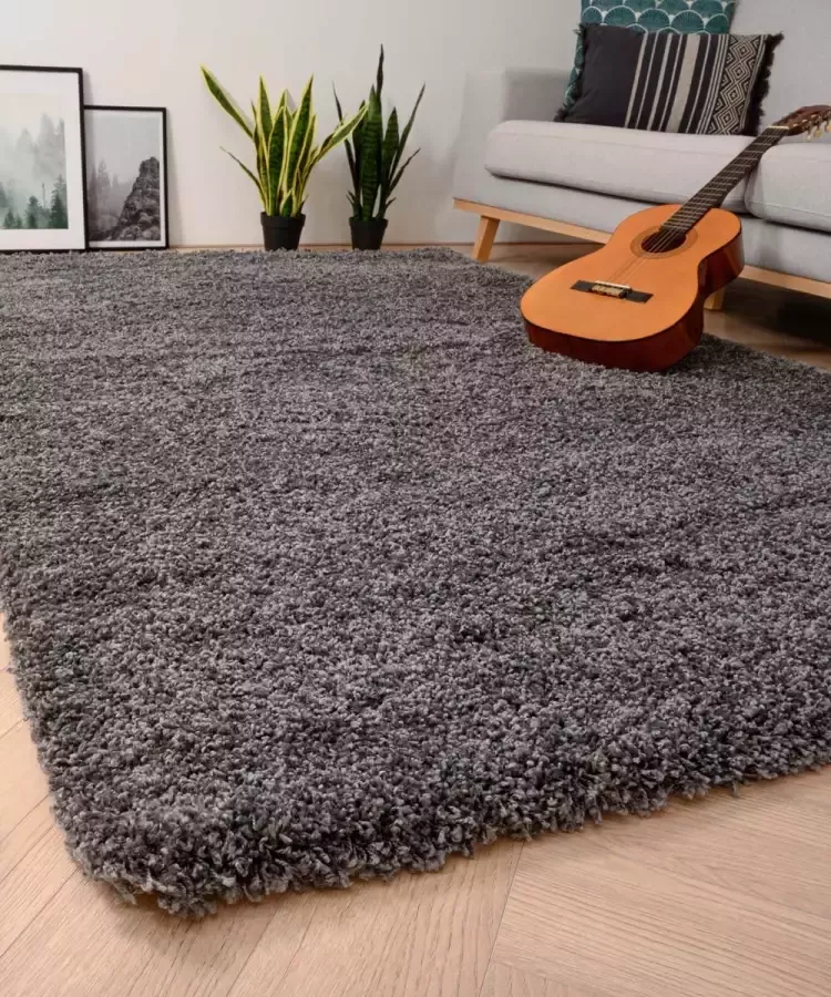 Tapeso Hoogpolig vloerkleed shaggy Grand effen donkergrijs 240x340 cm