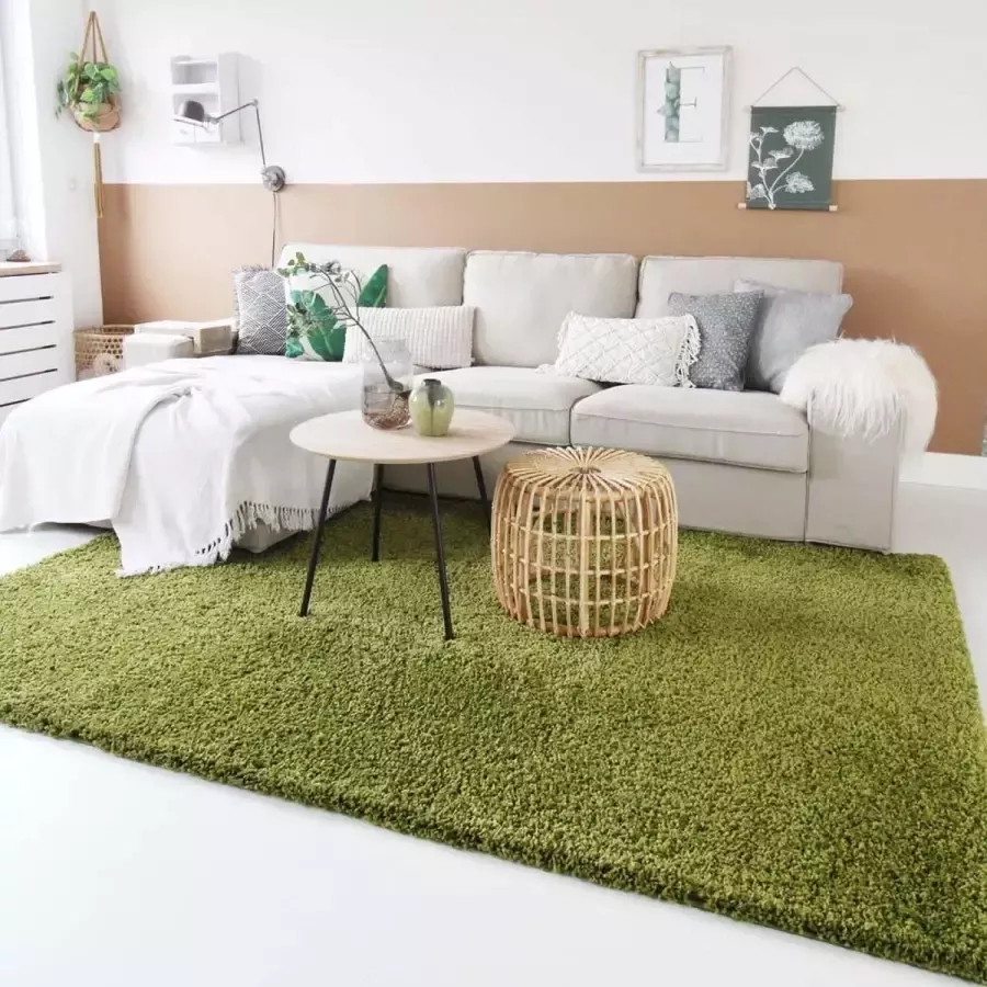 Tapeso Vierkant hoogpolig vloerkleed shaggy Trend effen groen 240x240 cm