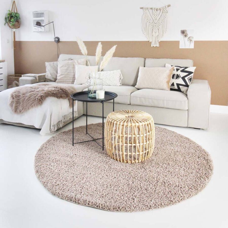 Tapeso Hoogpolig vloerkleed Shaggy Trend effen rond beige 100 cm rond