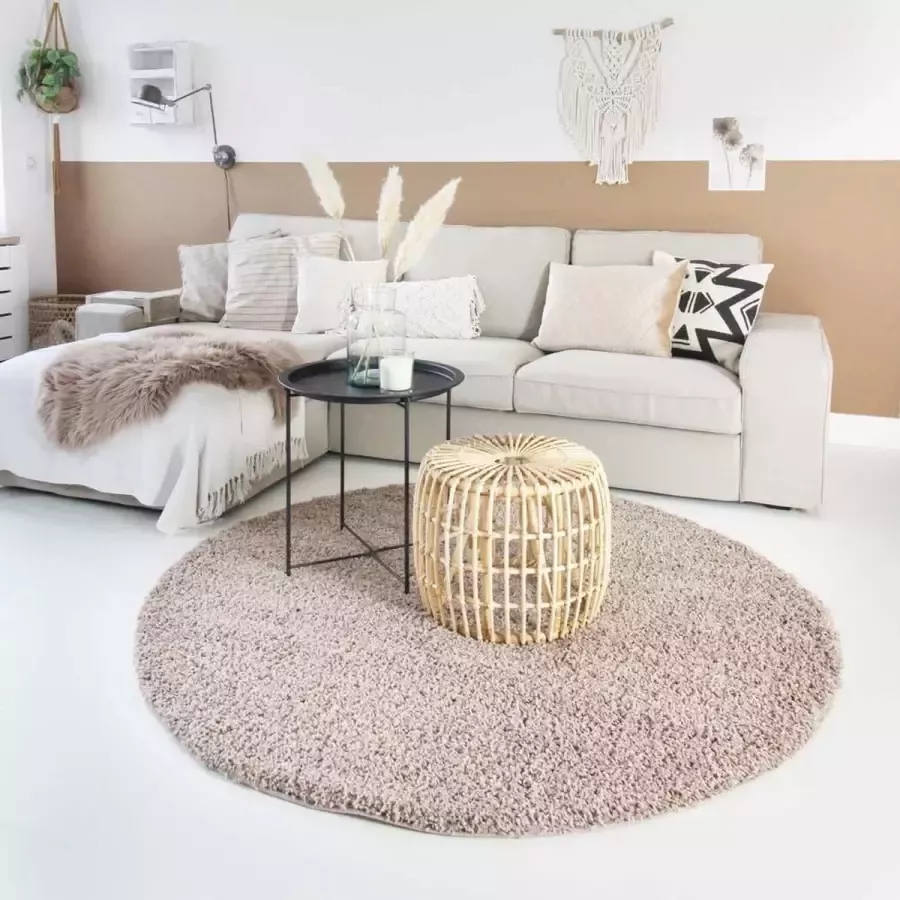 Tapeso Hoogpolig vloerkleed Shaggy Trend effen rond beige 160 cm rond