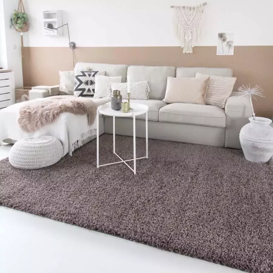 Tapeso Hoogpolig vloerkleed shaggy Trend effen taupe 240x340 cm