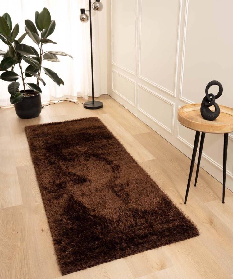 Tapeso Hoogpolige loper velvet Posh donkerbruin 80x300 cm