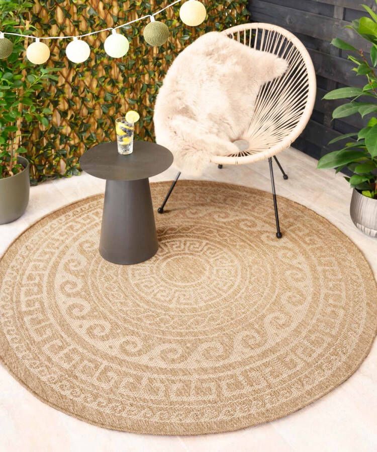 Tapeso Jute buitenkleed rond Sunset Shores beige wit 120 cm rond