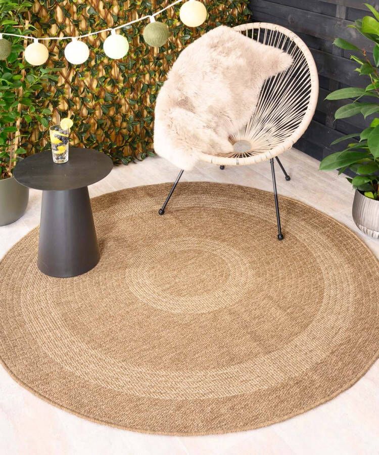 Tapeso Jute buitenkleed rond Sunset Spirit beige wit 120 cm rond
