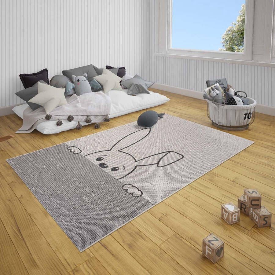 Tapeso Kinderkamer vloerkleed Peeking bunny crème zwart 200x290 cm