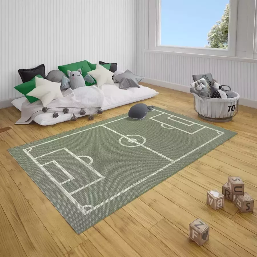 Tapeso Kinderkamer vloerkleed Voetbalveld groen zwart 120x170 cm