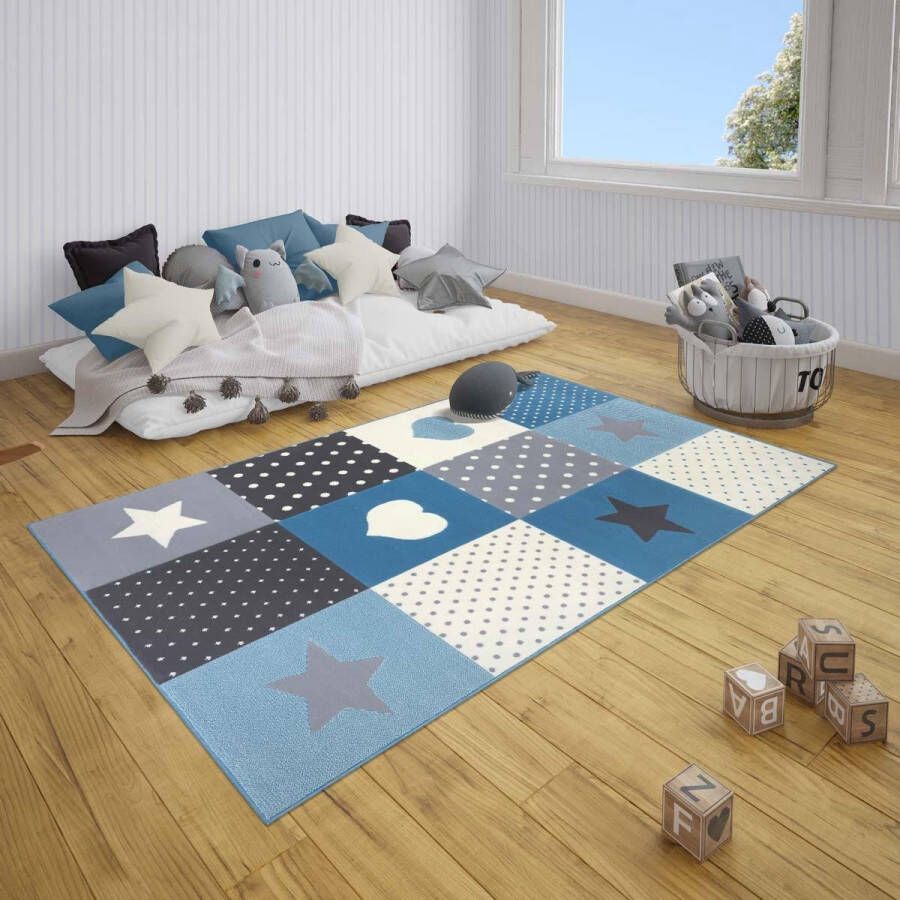 Tapeso Kindervloerkleed blokken Lovely Stars crème lichtblauw 160x220 cm