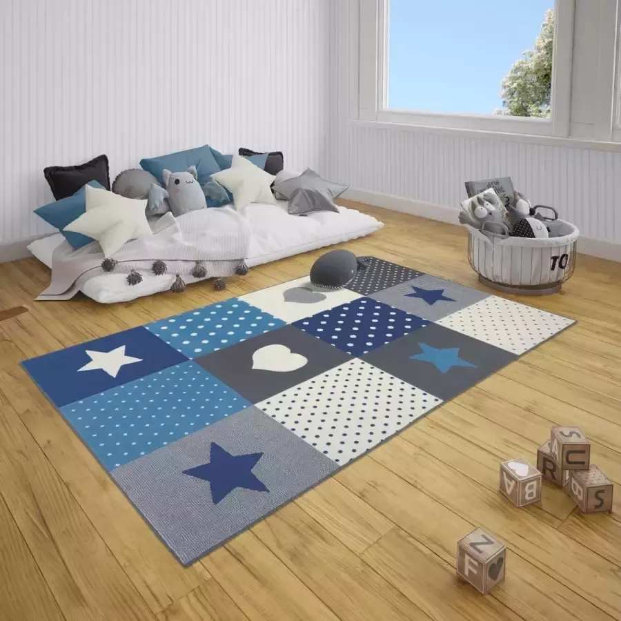 Tapeso Kindervloerkleed blokken Lovely Stars grijs blauw 120x170 cm