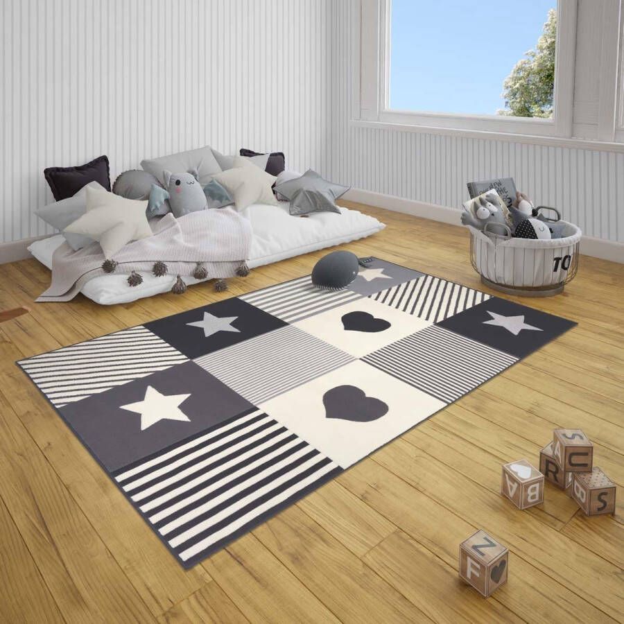 Tapeso Kindervloerkleed blokken Lovely Stars grijs crème 160x220 cm