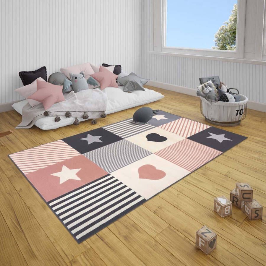 Tapeso Kindervloerkleed blokken Lovely Stars grijs roze 160x220 cm