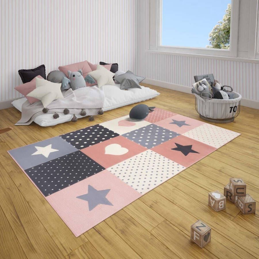 Tapeso Kindervloerkleed blokken Lovely Stars roze crème 120x170 cm