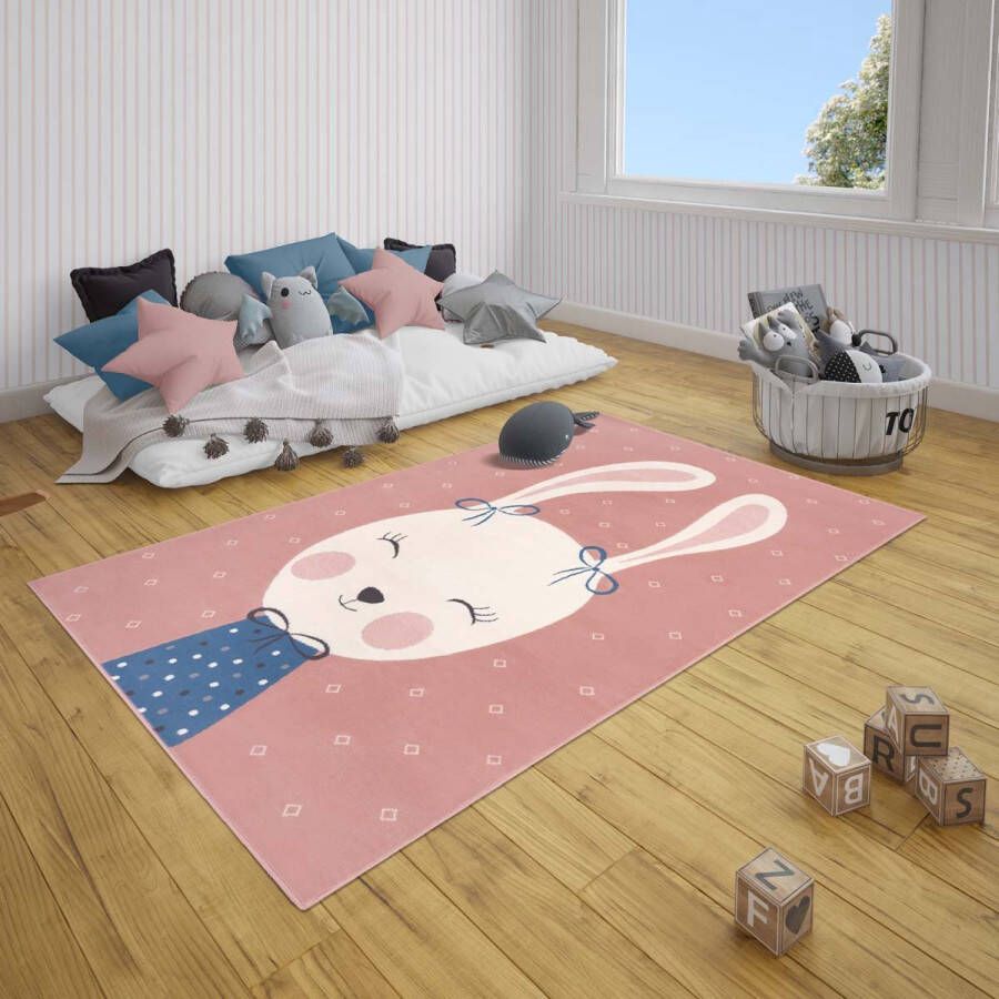 Tapeso Kindervloerkleed bunny Happy roze 120x170 cm
