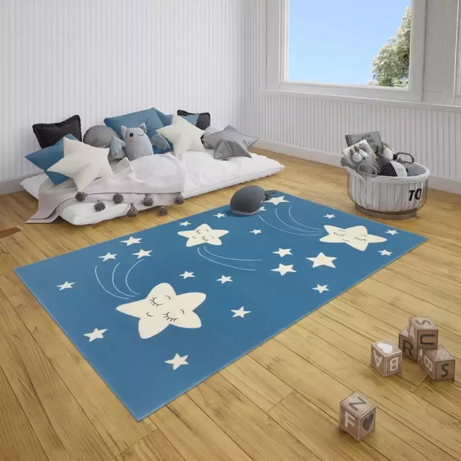 Tapeso Kindervloerkleed Lara Sterren Blauw 120x170cm