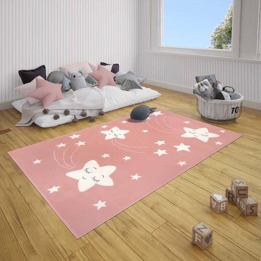 Tapeso Kindervloerkleed sterren Happy roze 120x170 cm