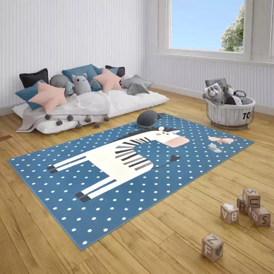 Tapeso Kindervloerkleed zebra Zibbie blauw 120x170 cm