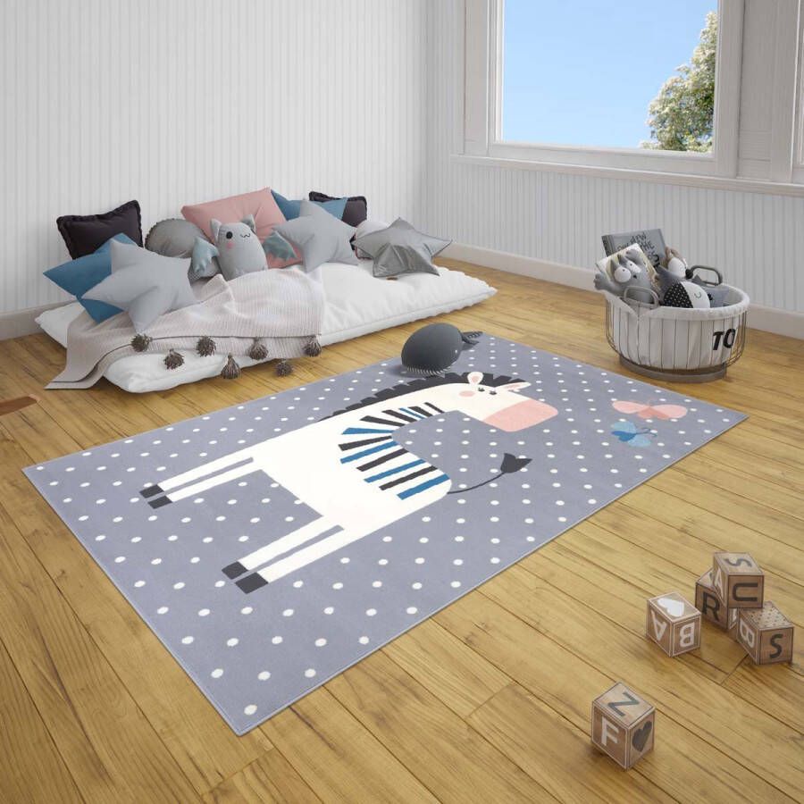 Tapeso Kindervloerkleed zebra Zibbie grijs 80x150 cm