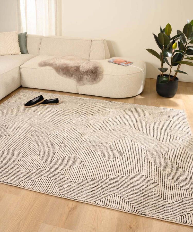 Tapeso Modern vloerkleed Fancy Maze crème zwart 120x170 cm
