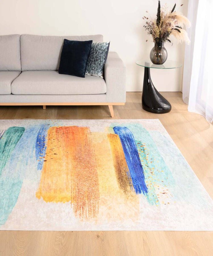 Tapeso Modern vloerkleed wasbaar Moderna blauw goud 140x200 cm