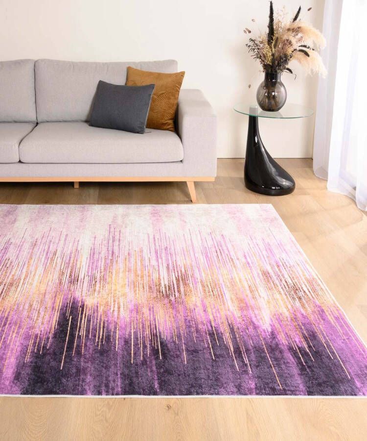 Tapeso Modern vloerkleed wasbaar Moderna goud paars 200x300 cm