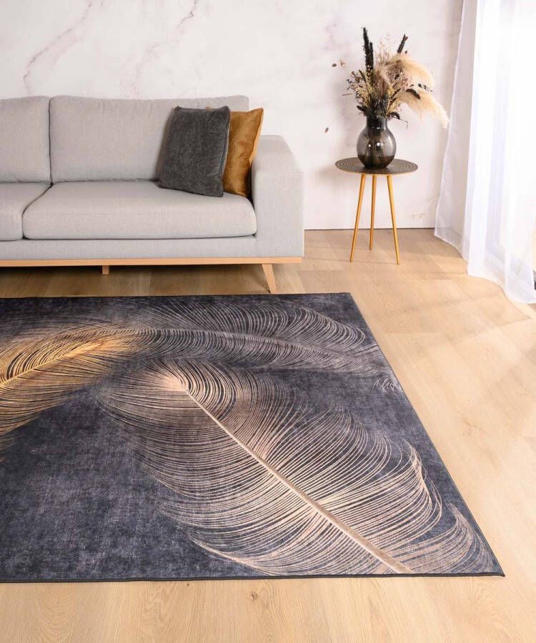 Tapeso Modern vloerkleed wasbaar Moderna zwart goud 140x200 cm