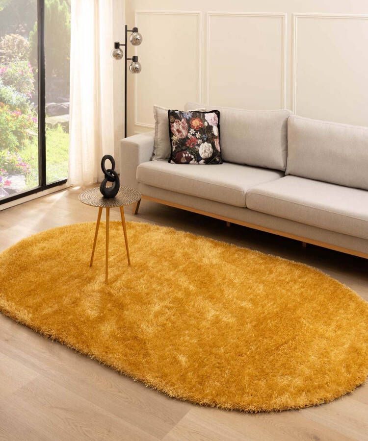 Tapeso Ovaal hoogpolig vloerkleed velvet Posh goud 280x380 cm