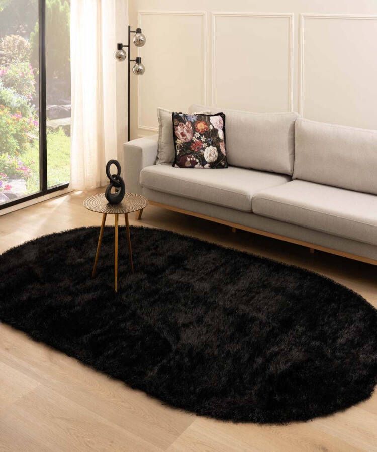 Tapeso Ovaal hoogpolig vloerkleed velvet Posh zwart 200x300 cm