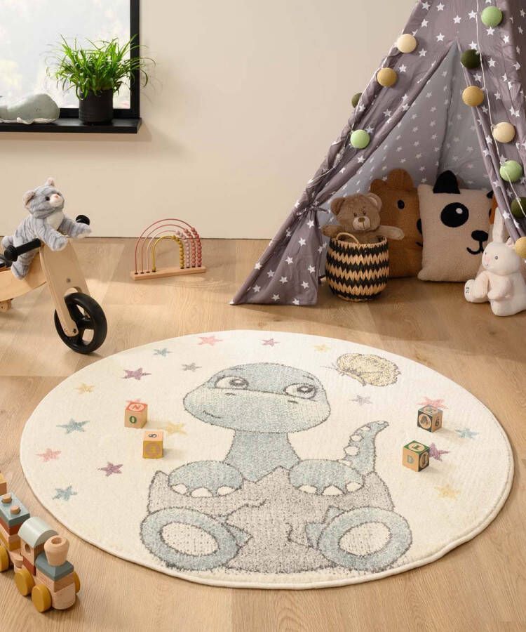 Tapeso Rond dino vloerkleed Dreams wit blauw 160 cm rond
