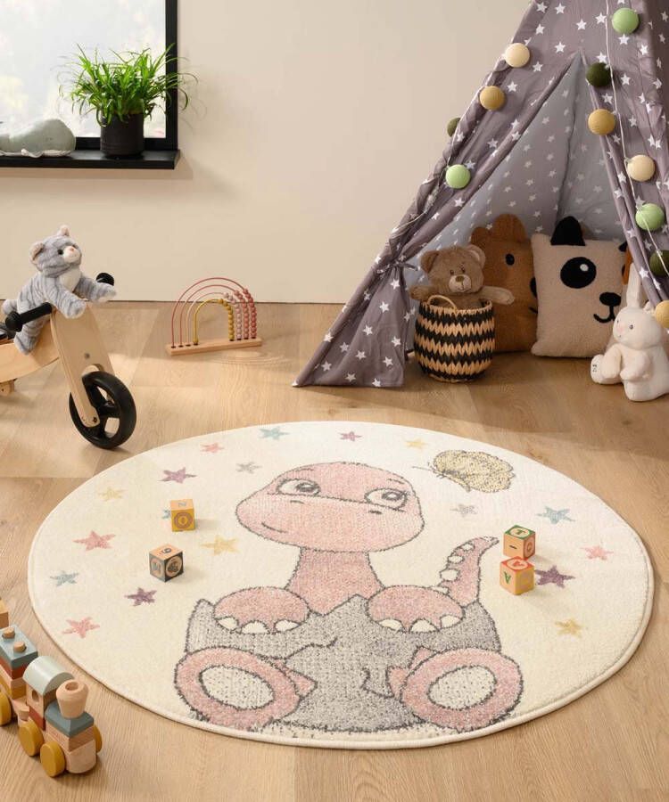 Tapeso Rond dino vloerkleed Dreams wit roze 120 cm rond