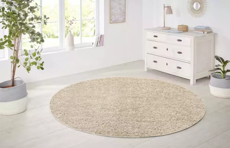 Tapeso Rond hoogpolig vloerkleed Amelie beige 160 cm rond