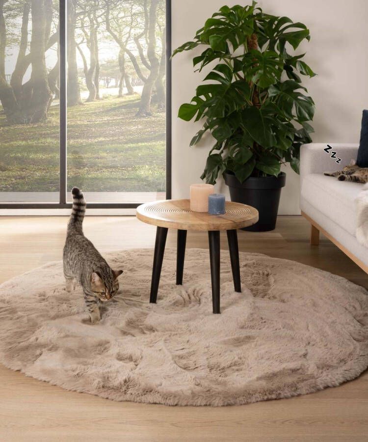 Tapeso Rond hoogpolig vloerkleed Comfy plus taupe 200 cm rond