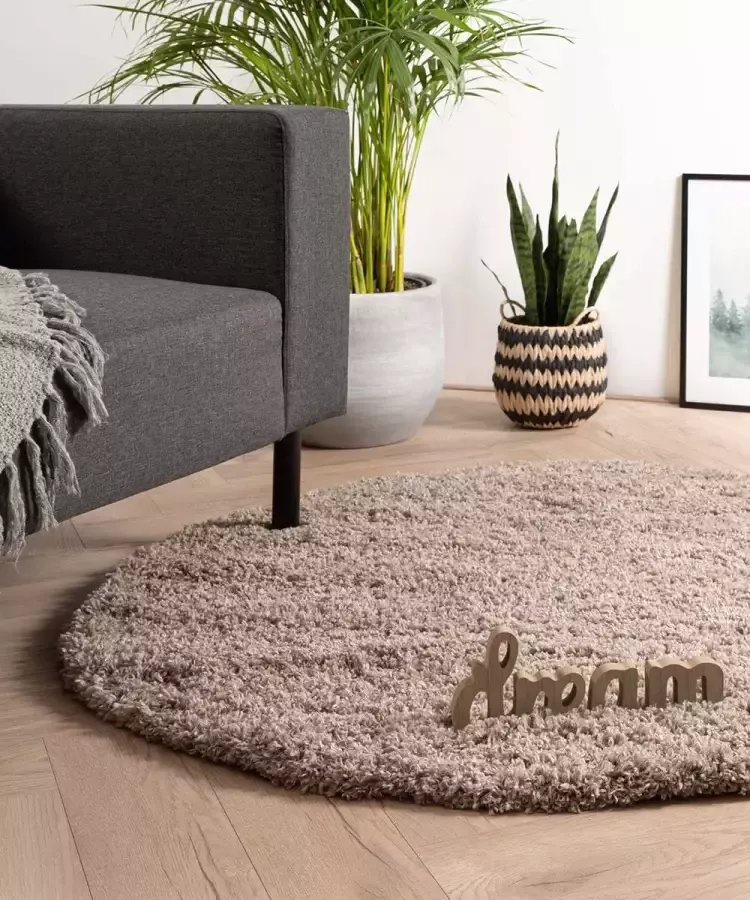 Tapeso Rond hoogpolig vloerkleed Cozy Shaggy beige 160 cm rond