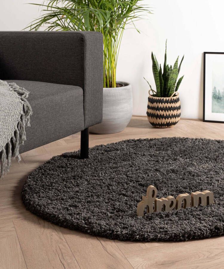 Tapeso Rond hoogpolig vloerkleed Cozy Shaggy donkergrijs 200 cm rond