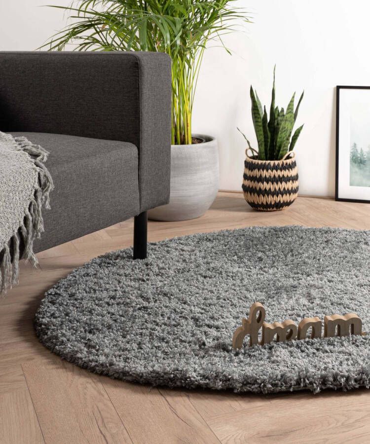 Tapeso Rond hoogpolig vloerkleed Cozy Shaggy grijs 240 cm rond