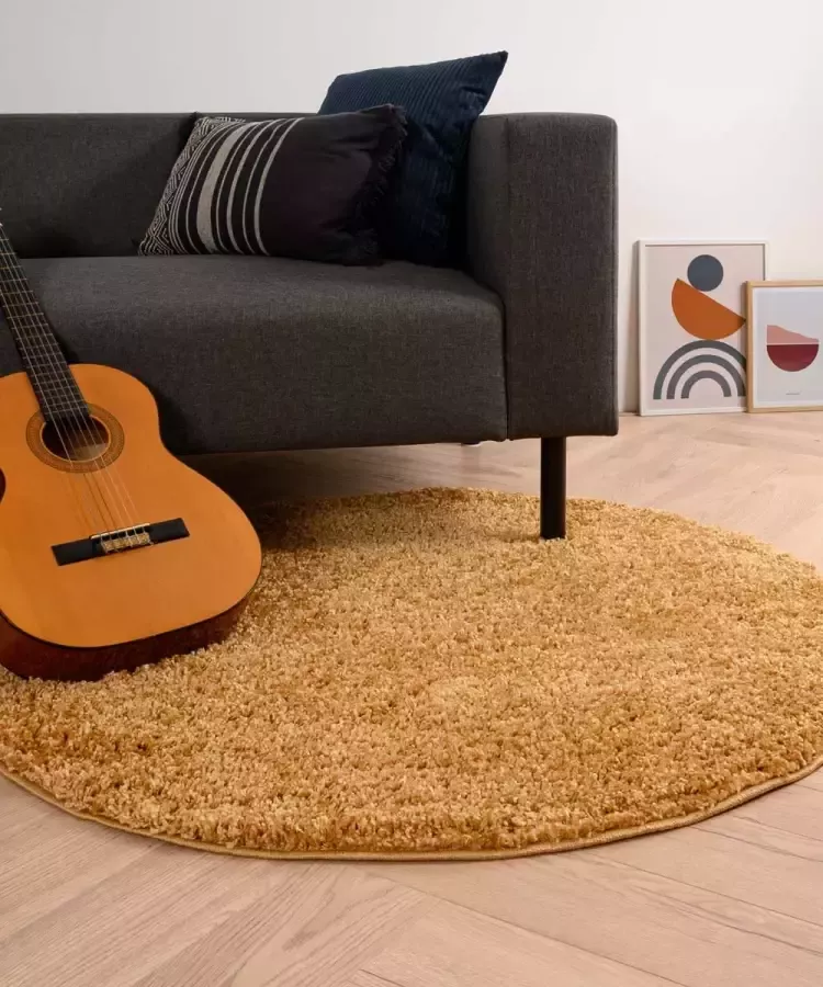 Tapeso Rond hoogpolig vloerkleed shaggy Trend effen goud 300 cm rond - Foto 1