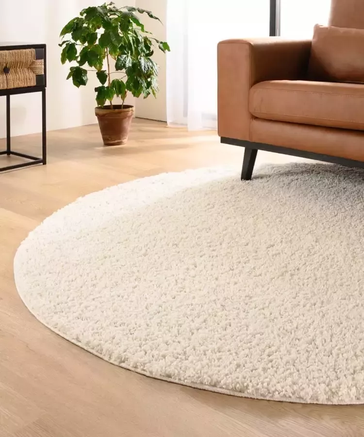 Tapeso Rond hoogpolig vloerkleed shaggy Trend effen ivoor 200 cm rond