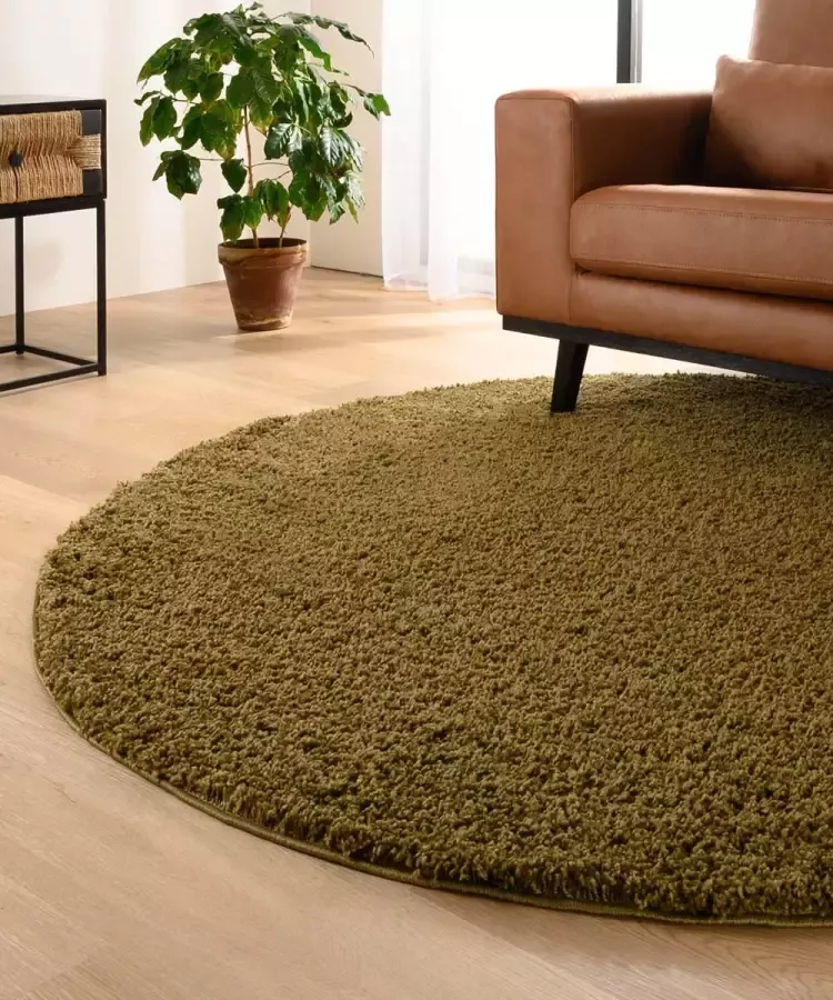 Tapeso Rond hoogpolig vloerkleed shaggy Trend effen olijfgroen 200 cm rond