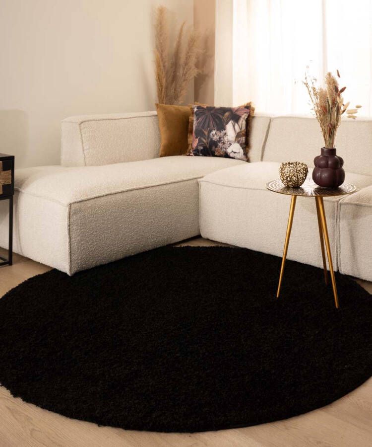 Tapeso Rond hoogpolig vloerkleed shaggy Trend effen zwart 120 cm rond