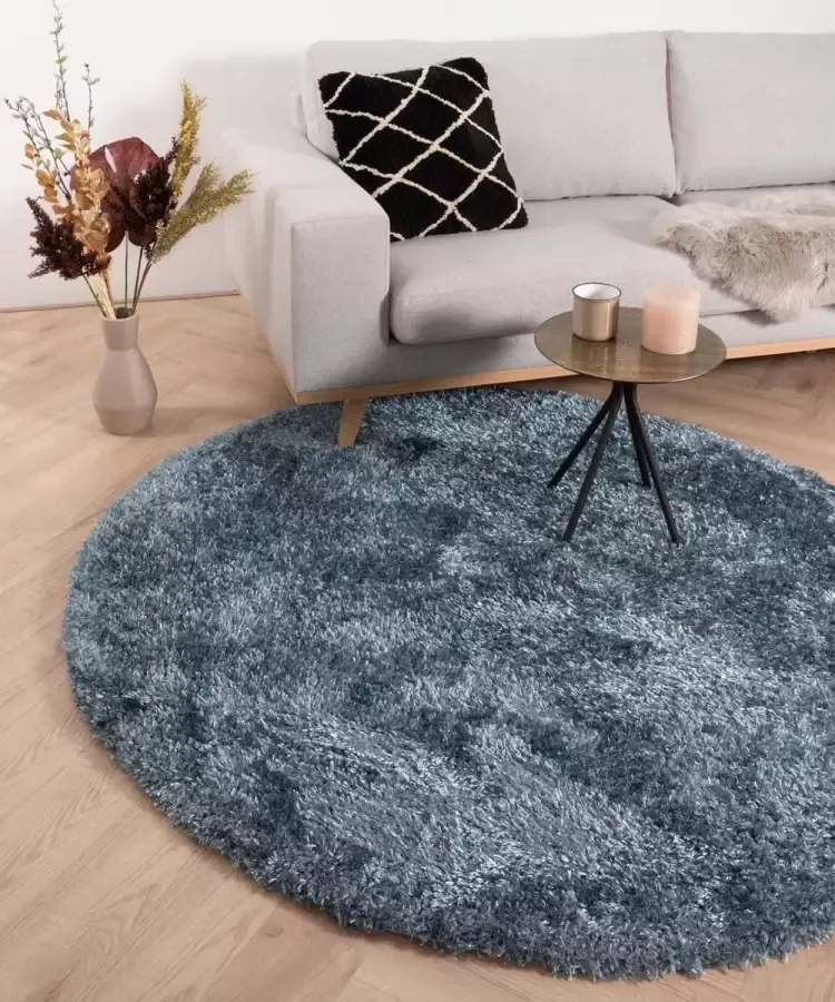Tapeso Rond hoogpolig vloerkleed velours Posh blauw 120 cm rond