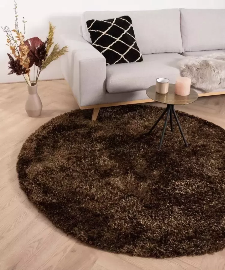 Tapeso Rond hoogpolig vloerkleed velours Posh bruin 120 cm rond