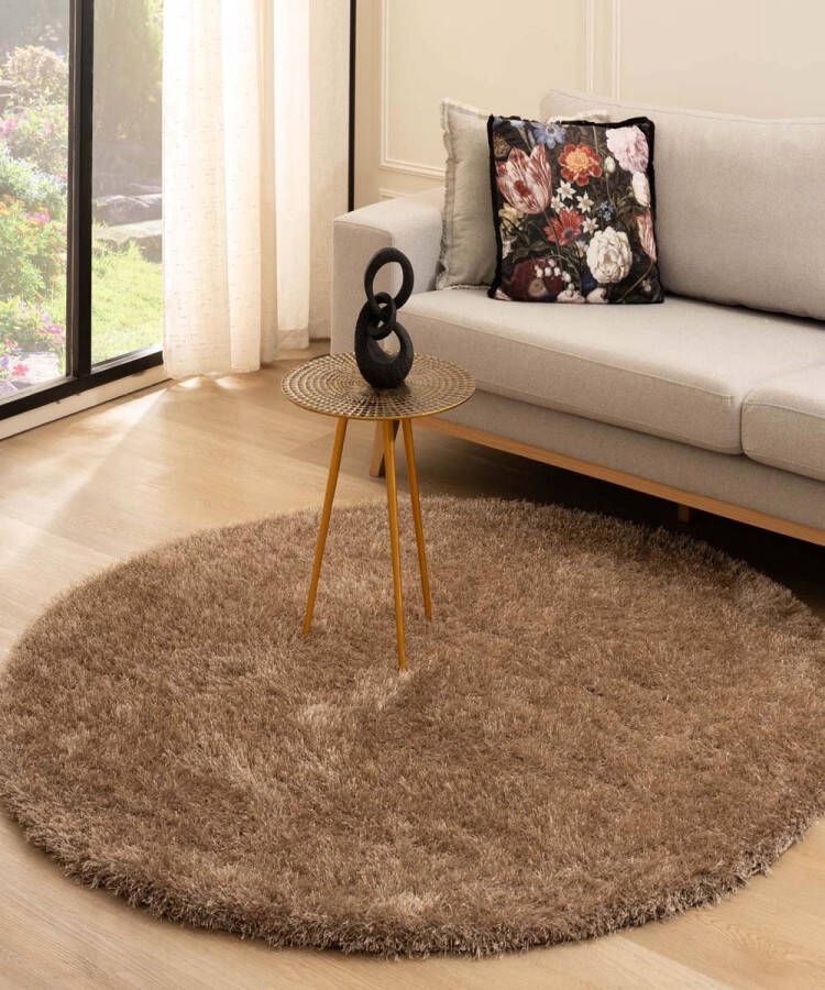 Tapeso Rond hoogpolig vloerkleed velvet Posh beige 80 cm rond