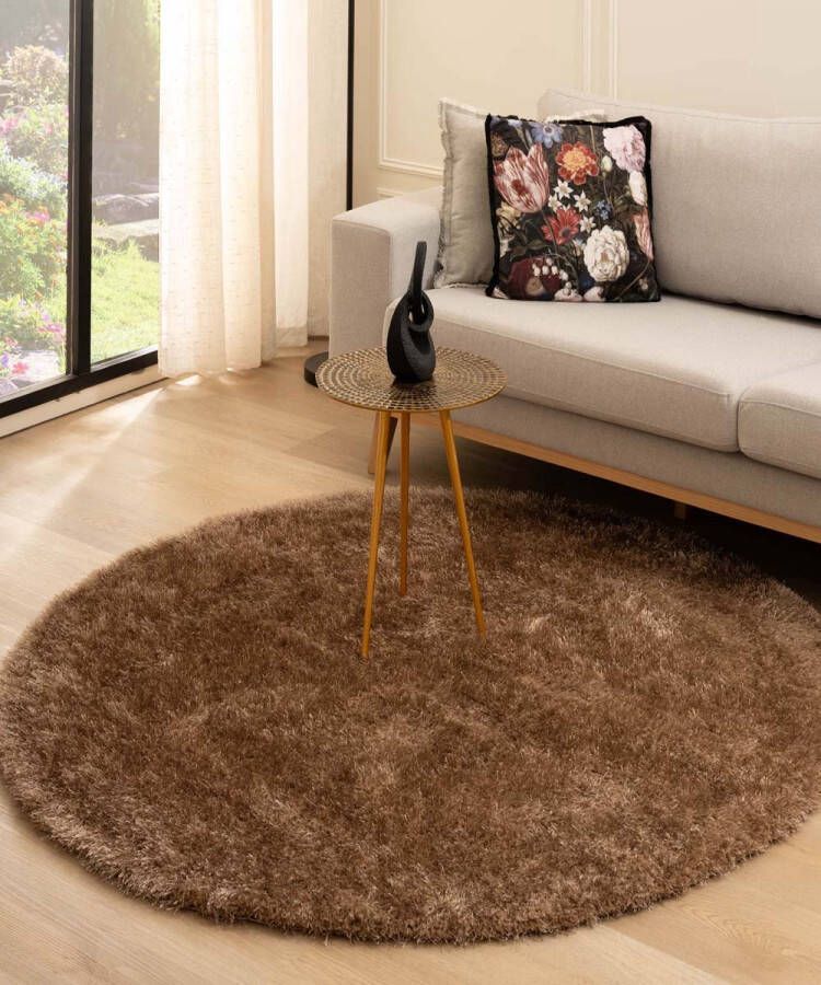 Tapeso Rond hoogpolig vloerkleed velvet Posh bruin 80 cm rond
