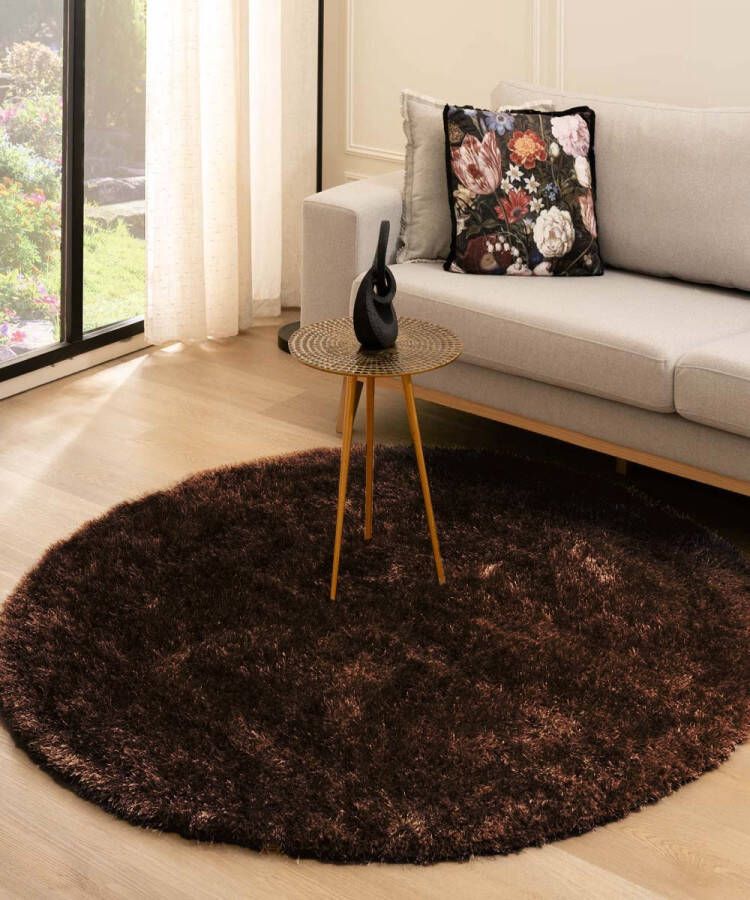 Tapeso Rond hoogpolig vloerkleed velvet Posh donkerbruin 280 cm rond